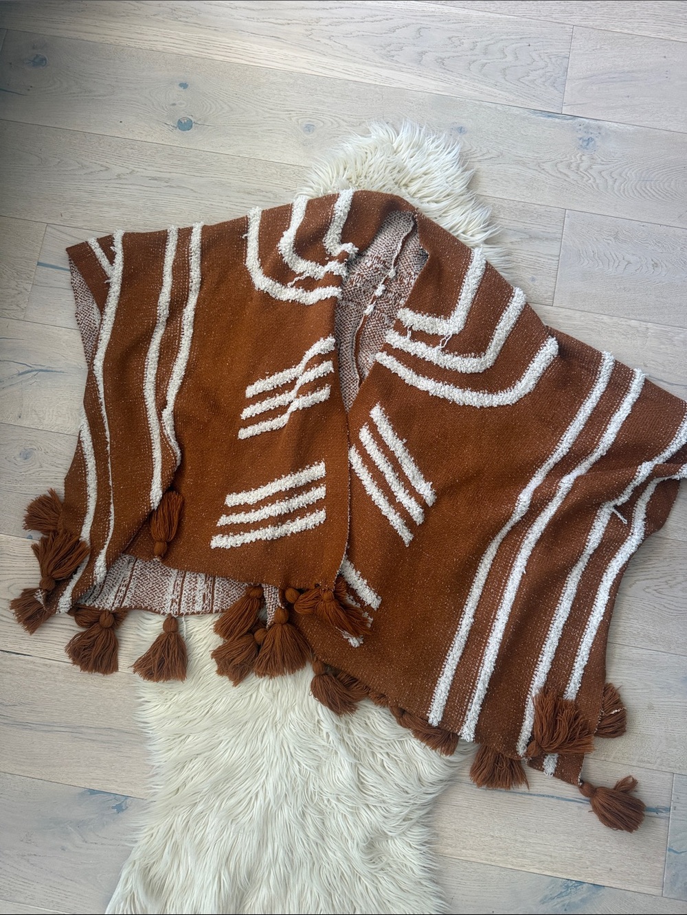 Rust Brown Tassel Knit Poncho with Cream Stripes